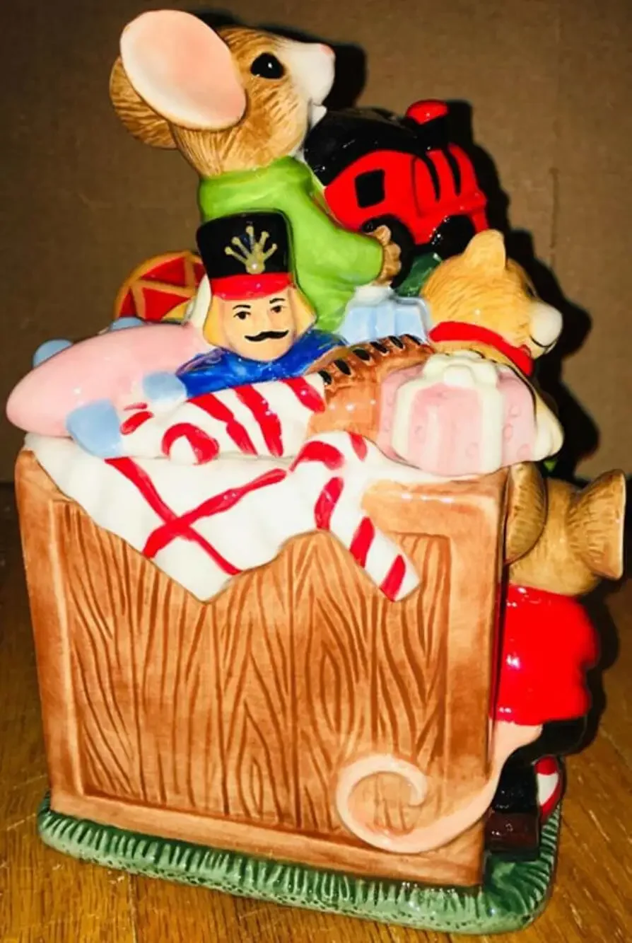 NEW Christmas Mice w/Toys Ceramic Container 8